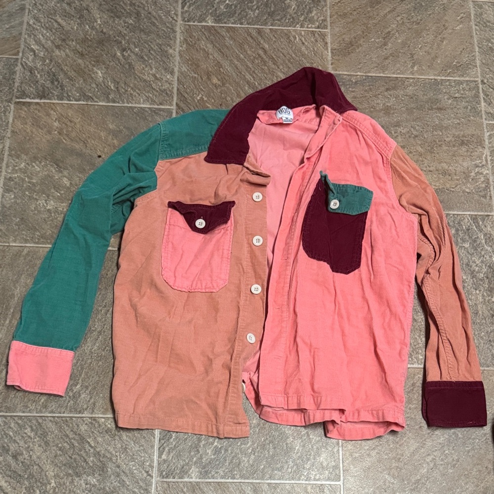 BDG Colorblock Button-Up Shirt - Pink, Green, Burgundy